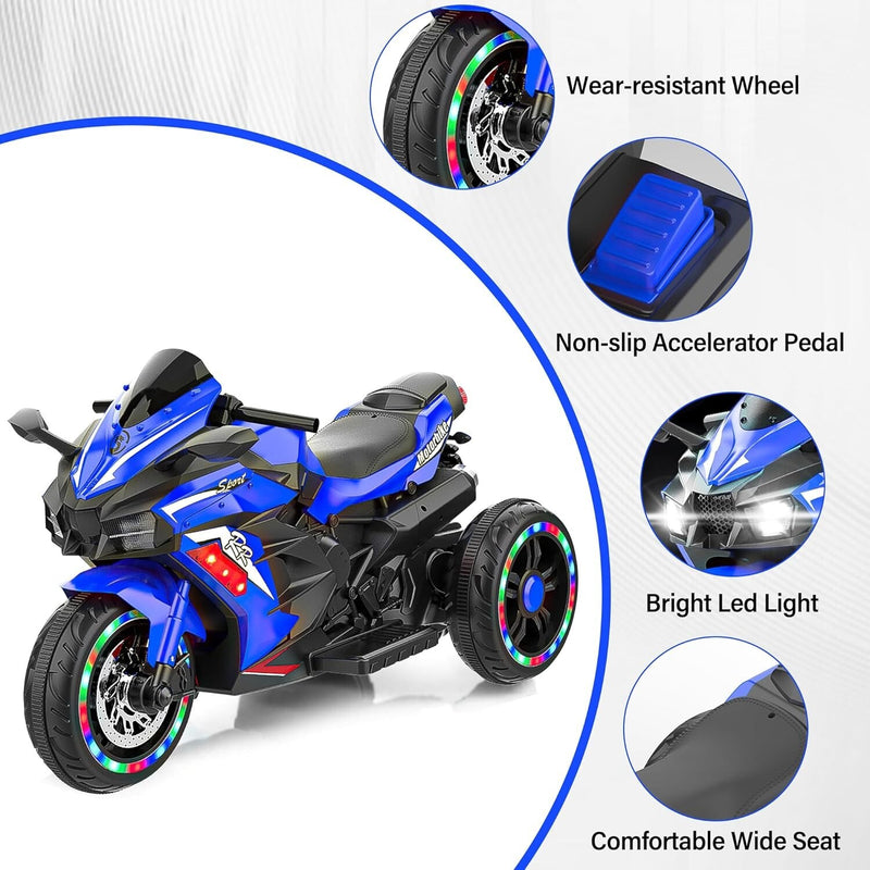 12V Blue Electric Kids Motorcycle with LED Lights, Bluetooth Music, and Rechargeable Battery Ride-On Toy Magic Cars 16