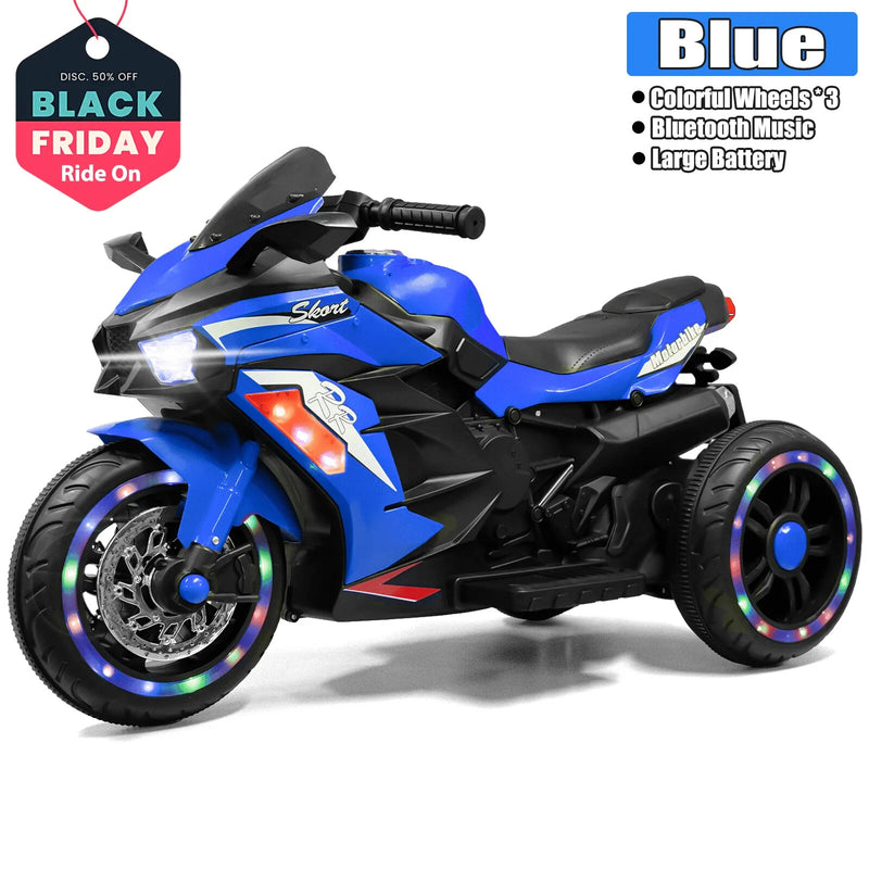 12V Blue Electric Kids Motorcycle with LED Lights, Bluetooth Music, and Rechargeable Battery Ride-On Toy Magic Cars 18