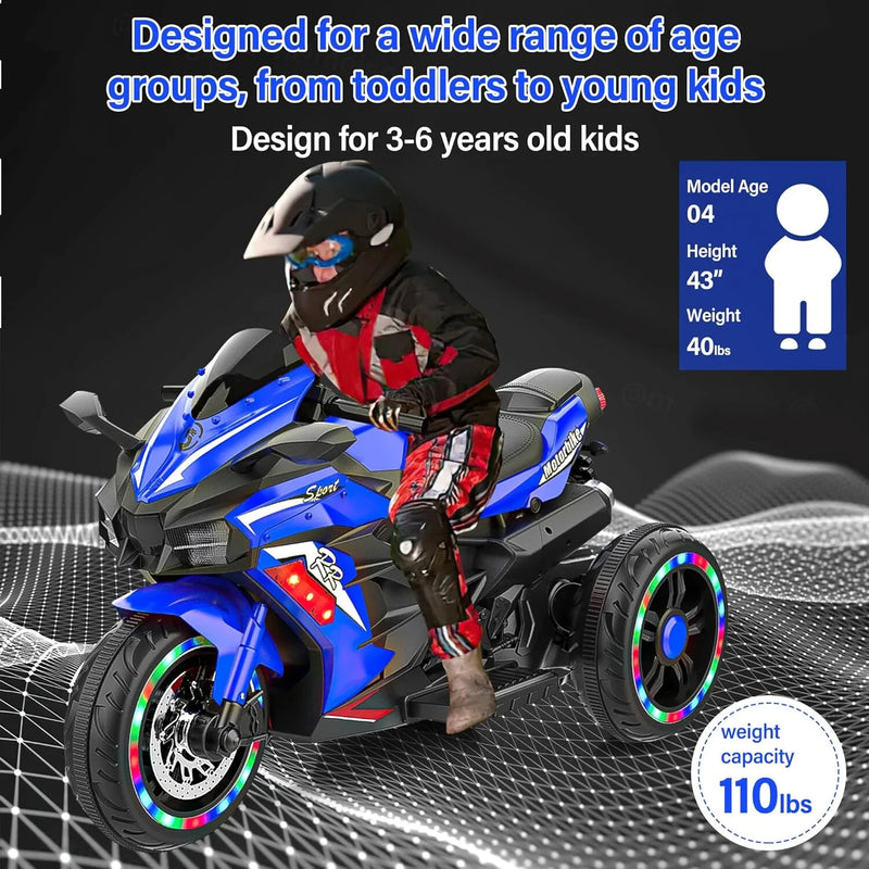 12V Blue Electric Kids Motorcycle with LED Lights, Bluetooth Music, and Rechargeable Battery Ride-On Toy Magic Cars 6