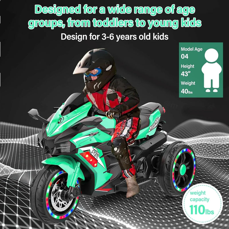 12V Green Electric Kids Motorcycle with LED Lights and Bluetooth Music Ride-On Toy Magic Cars 13