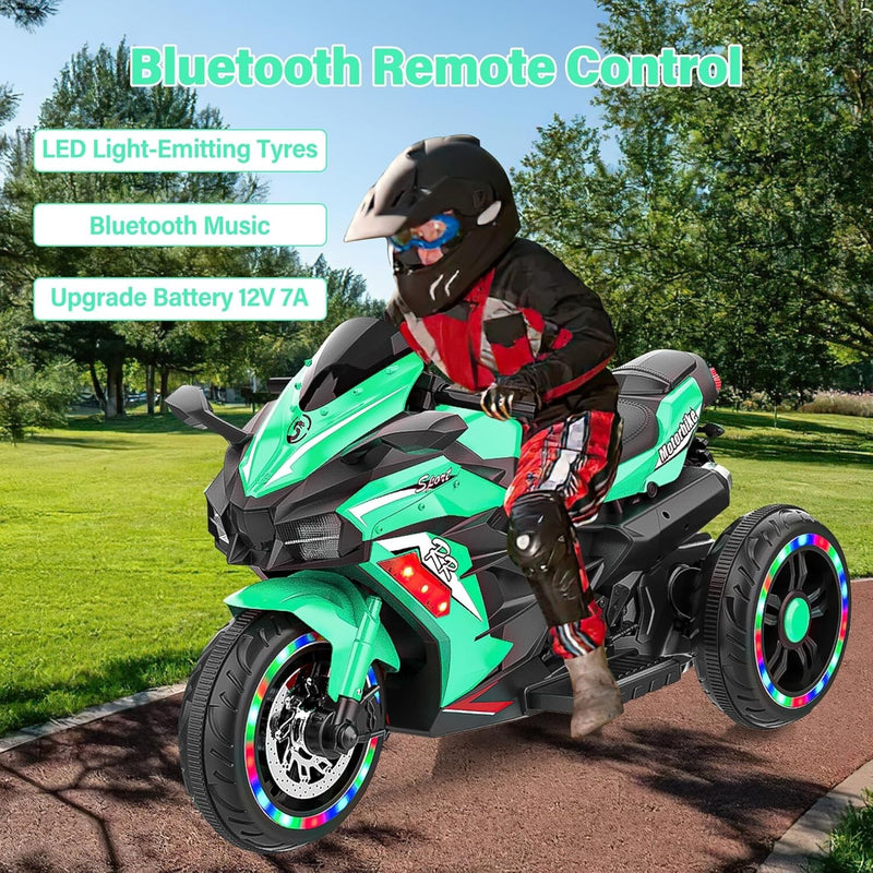 12V Green Electric Kids Motorcycle with LED Lights and Bluetooth Music Ride-On Toy Magic Cars 15