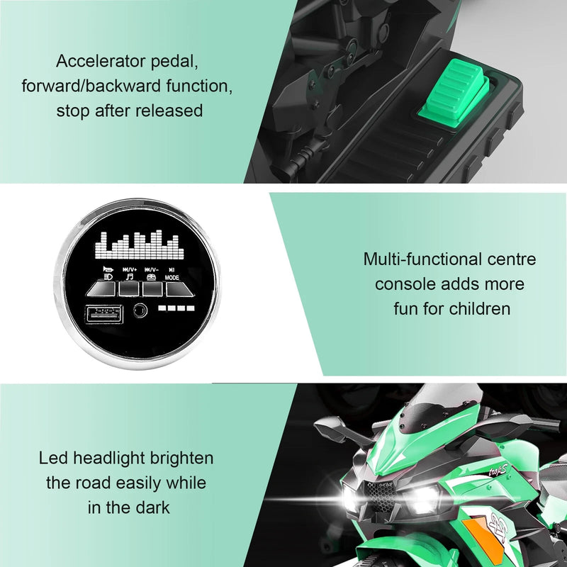 12V Green Electric Kids Motorcycle with LED Lights and Bluetooth Music Ride-On Toy Magic Cars 16