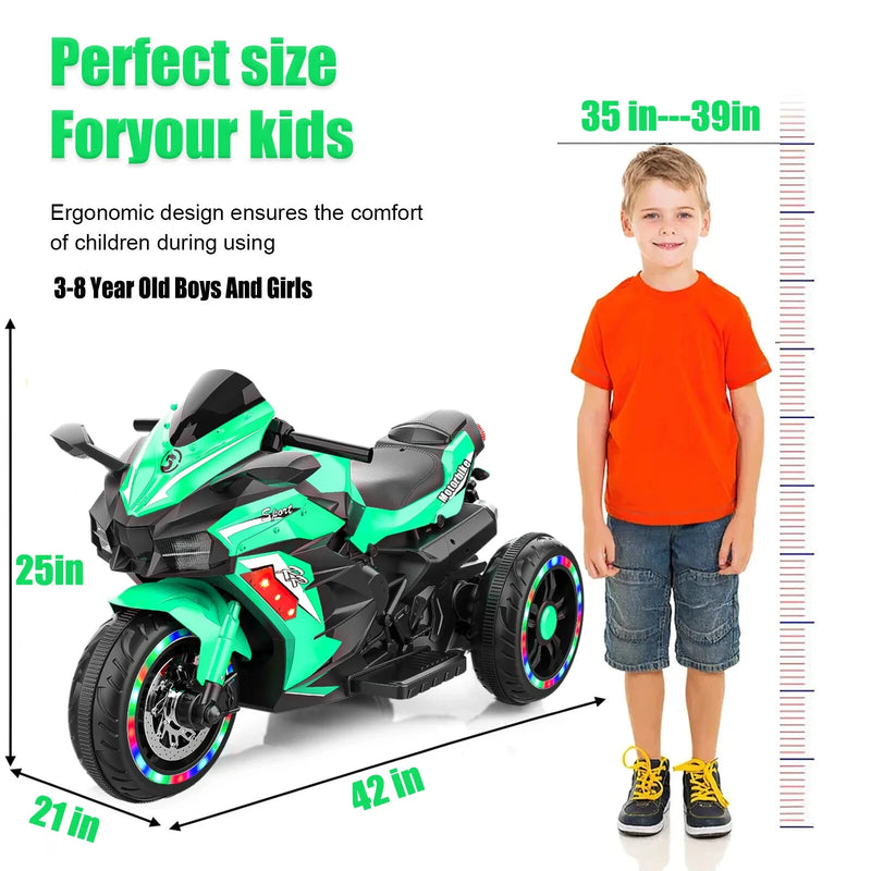 12V Green Electric Kids Motorcycle with LED Lights and Bluetooth Music Ride-On Toy Magic Cars 17
