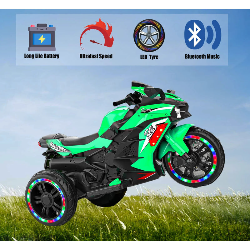 12V Green Electric Kids Motorcycle with LED Lights and Bluetooth Music Ride-On Toy Magic Cars 18