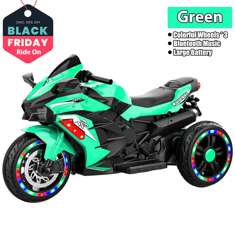 12V Green Electric Kids Motorcycle with LED Lights and Bluetooth Music Ride-On Toy Magic Cars 3
