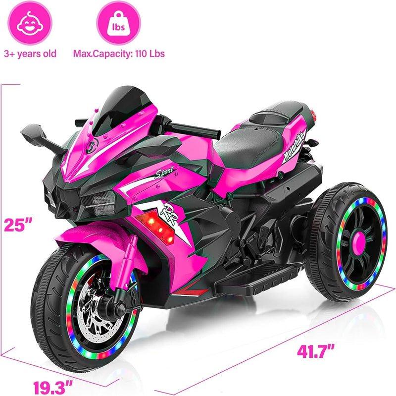 12V Pink Electric Kids Motorcycle with LED Lights and Bluetooth Music Ride-On Toy Magic Cars 14