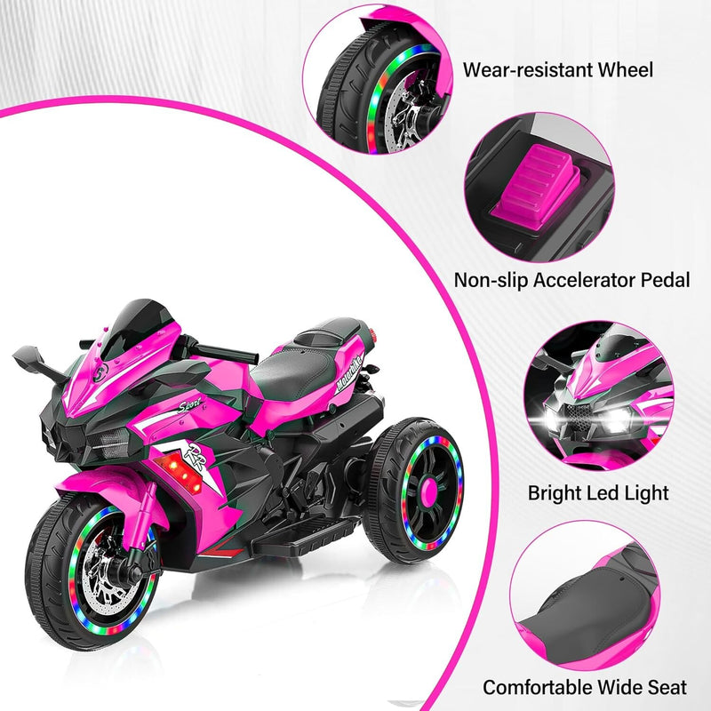 12V Pink Electric Kids Motorcycle with LED Lights and Bluetooth Music Ride-On Toy Magic Cars 15