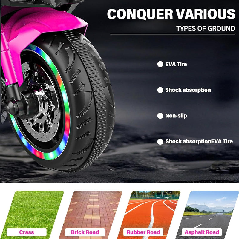 12V Pink Electric Kids Motorcycle with LED Lights and Bluetooth Music Ride-On Toy Magic Cars 16