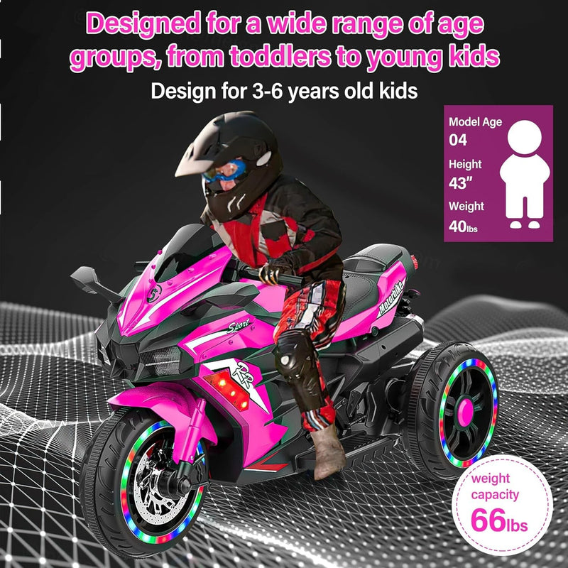 12V Pink Electric Kids Motorcycle with LED Lights and Bluetooth Music Ride-On Toy Magic Cars 17