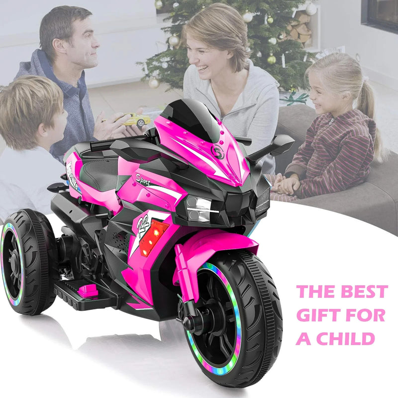 12V Pink Electric Kids Motorcycle with LED Lights and Bluetooth Music Ride-On Toy Magic Cars 18