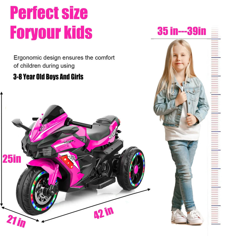 12V Pink Electric Kids Motorcycle with LED Lights and Bluetooth Music Ride-On Toy Magic Cars 3