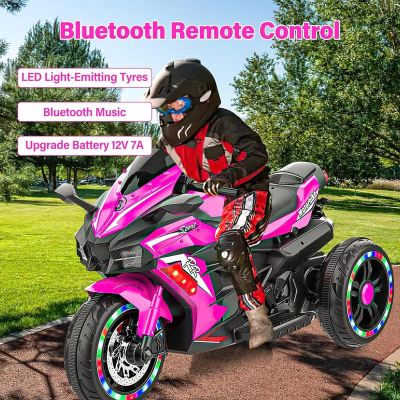 12V Pink Electric Kids Motorcycle with LED Lights and Bluetooth Music Ride-On Toy Magic Cars 7