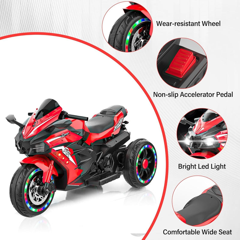 12V Red Electric Kids Motorcycle with LED Lights and Bluetooth Music Magic Cars 15