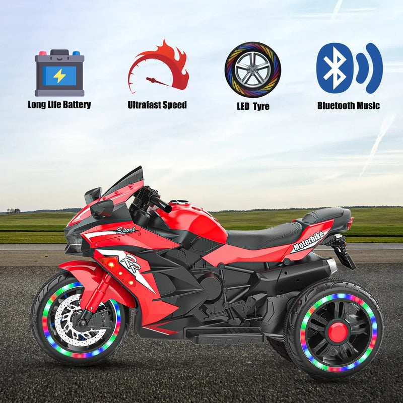 12V Red Electric Kids Motorcycle with LED Lights and Bluetooth Music Magic Cars 19