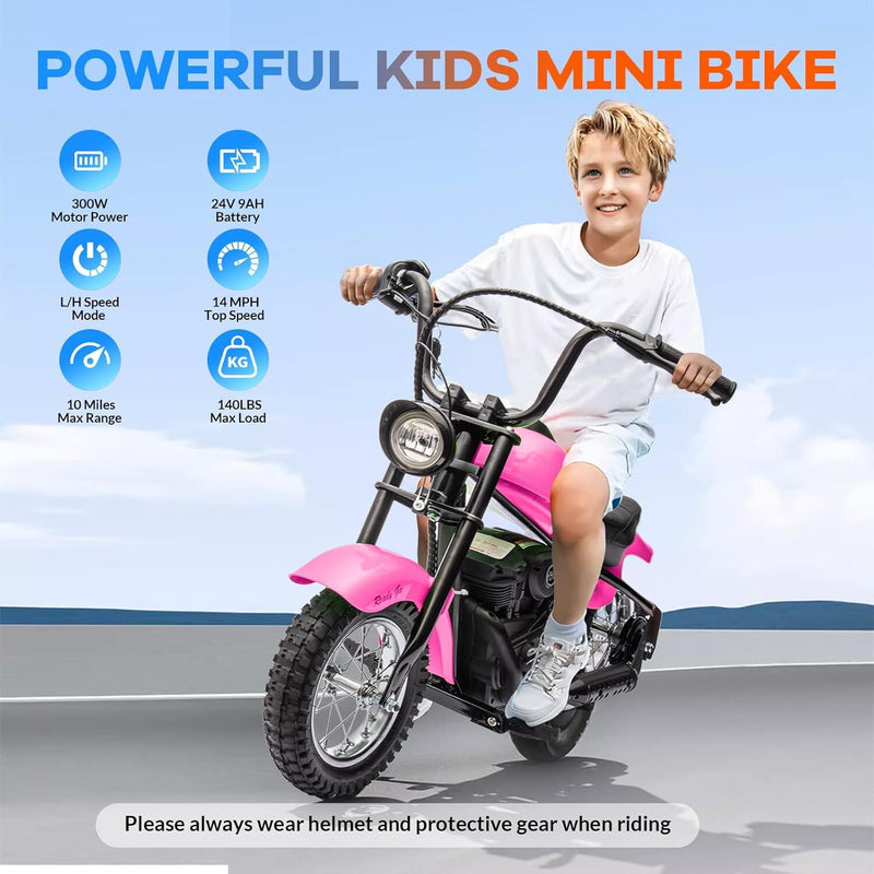 24V 250W Electric Motorcycle for Kids and Teens with 2 Speeds and 14 MPH Max Speed Rose Magic Cars 2