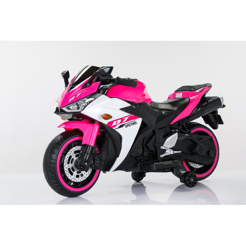Electric Pink Motorcycle with Training Wheels and Manual Hand Throttle Drive Magic Cars 4