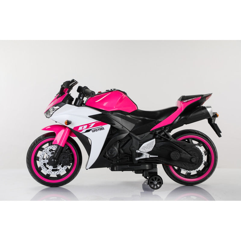 Electric Pink Motorcycle with Training Wheels and Manual Hand Throttle Drive Magic Cars 7
