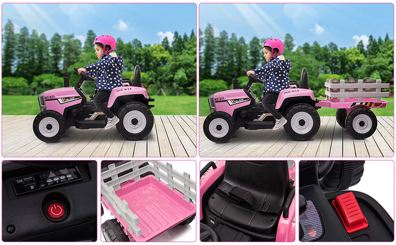 12V Electric Kids Ride-On Tractor with Trailer and Remote Control Battery Powered Car Magic Cars 12