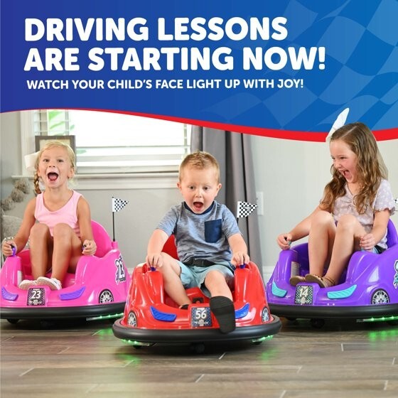 6V Red Bumper Car with LED Lights and Charger for Ages 1.5-4 Magic Cars 2