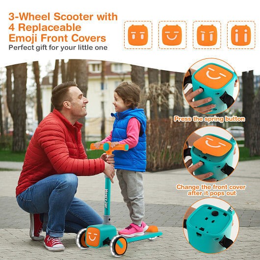 Adjustable Folding Kids Scooter with LED Flashing Wheels, Horn, and 4 Emoji Covers Magic Cars 7