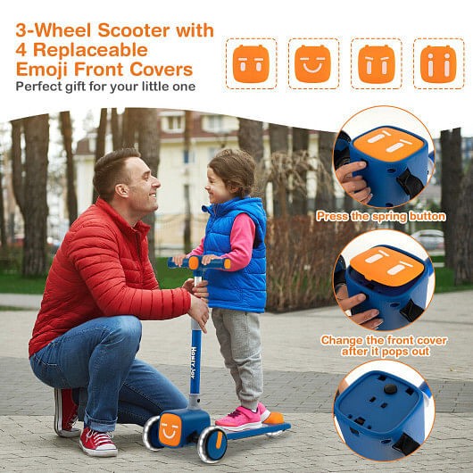 Adjustable Folding Kids Scooter with LED Flashing Wheels, Horn, and 4 Emoji Covers Magic Cars 2