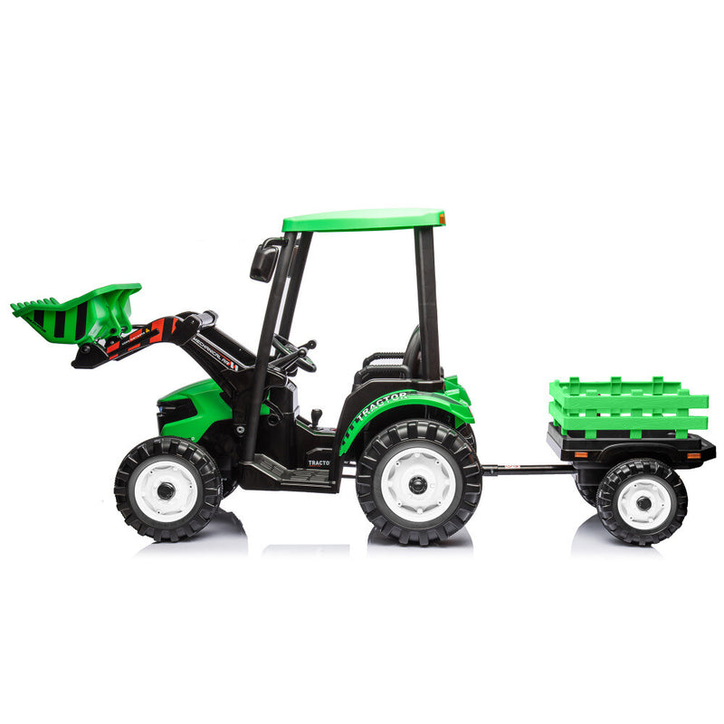 Kids 24V Ride-On Pedal Tractor with Loader, Backhoe, and Trailer - Green Magic Cars 3