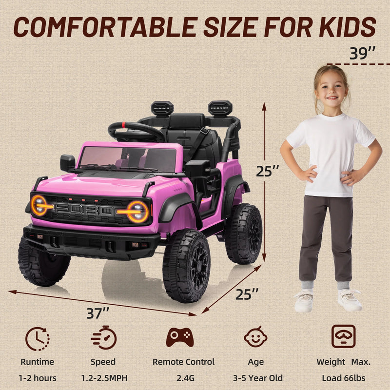 12V Pink Kids Electric Ride-On Truck with Remote Control - Ford Bronco Raptor Design Magic Cars 6