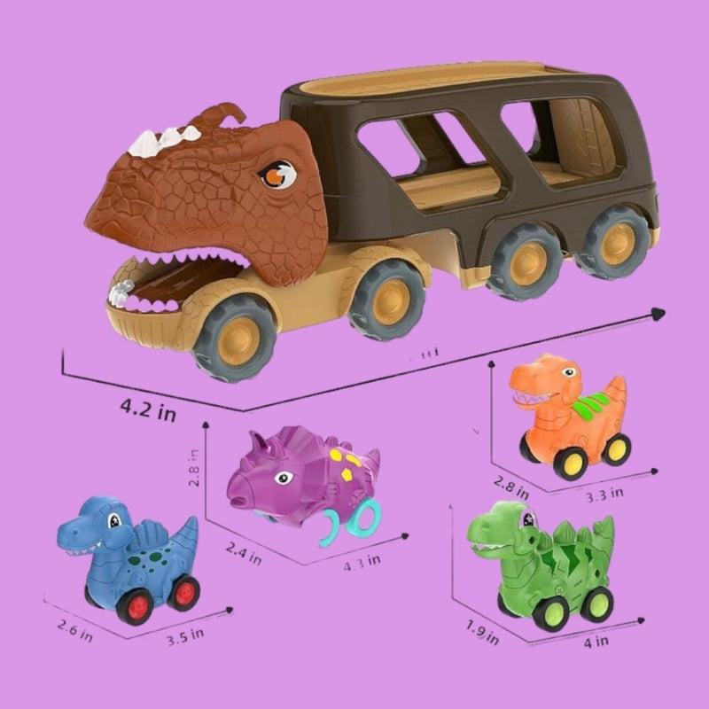 5-Pack Friction-Powered Pull-Back Dino Cars with Carrier Truck Magic Cars 1