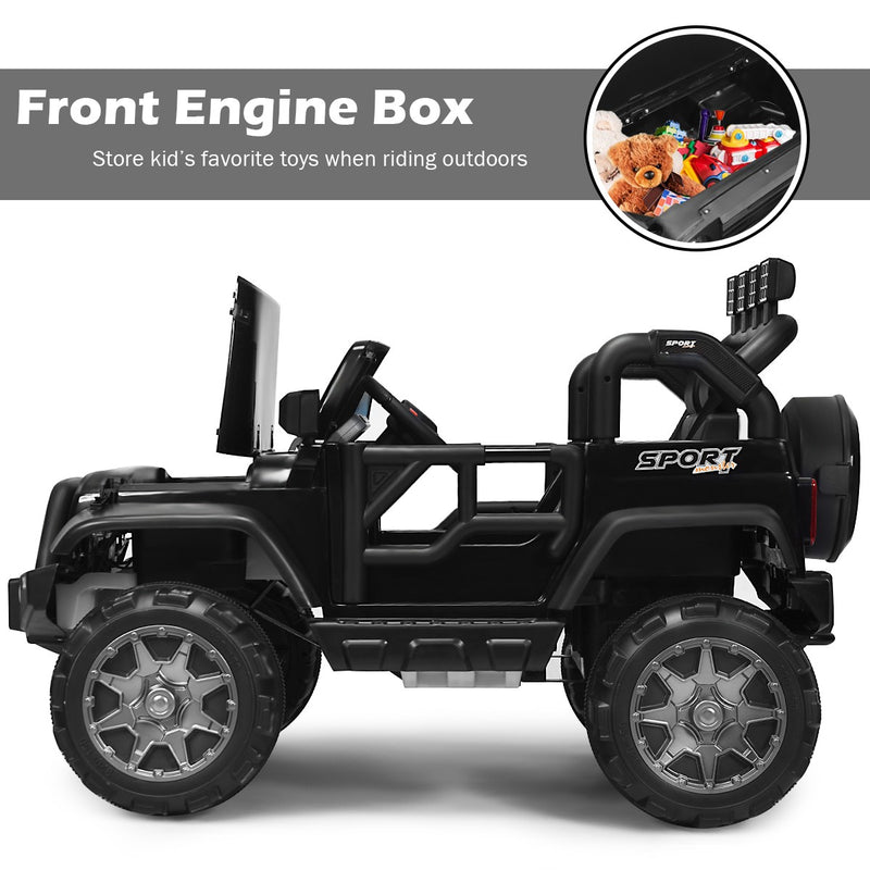 12V Kids Electric Ride-On Truck 2-Seater RC Vehicle with Storage - Black Magic Cars 6