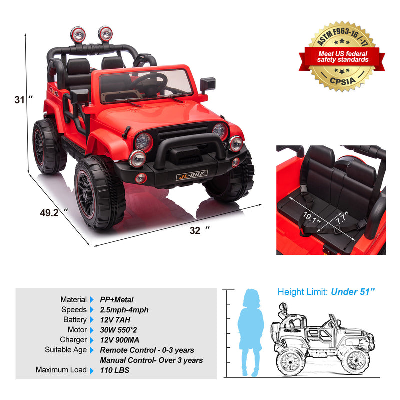 12V Kids Electric Ride-On Jeep Truck with Remote Control and Music, Available in Pink, Black, and Red Magic Cars 2