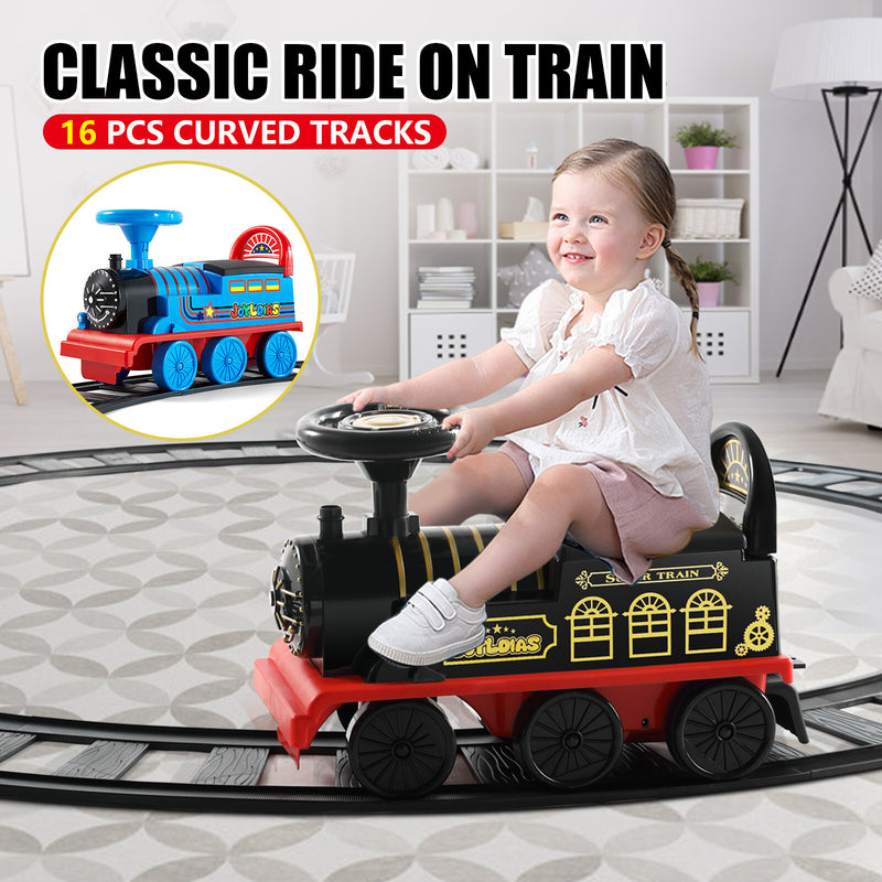 6V Kids Electric Ride-On Train with Tracks, Music & Lights for Ages 1–3 – Black/Blue Magic Cars 12
