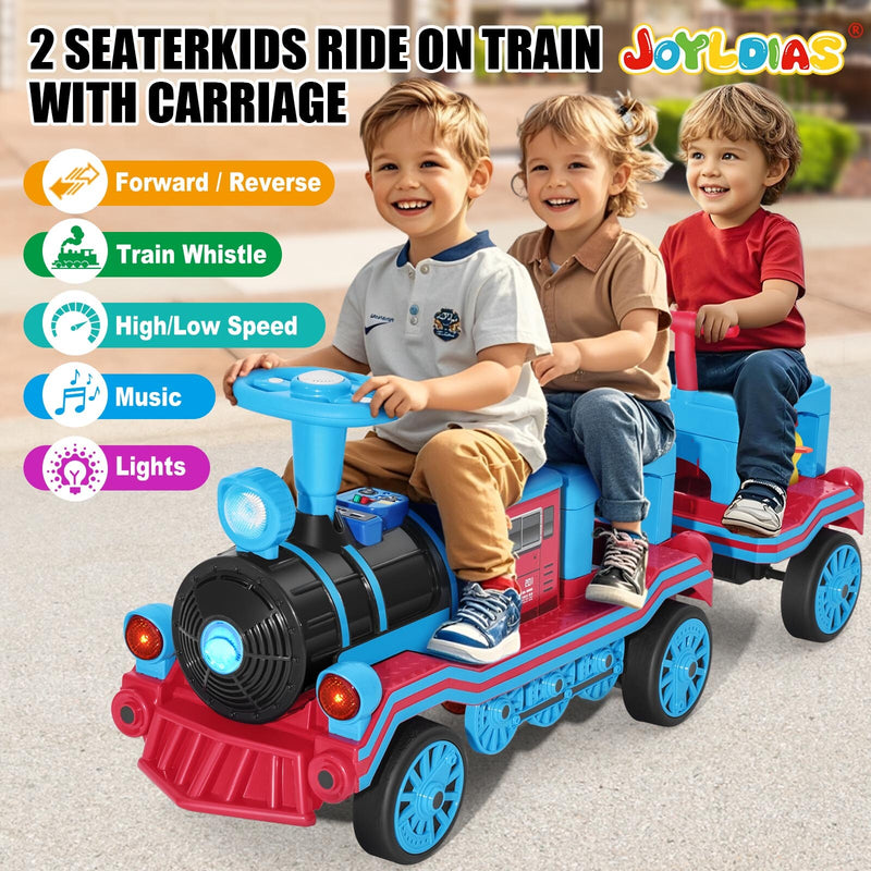 Large 12V Electric 2-Seater Blue Kids Ride-On Train with Carriage and 2 Speeds Magic Cars 0