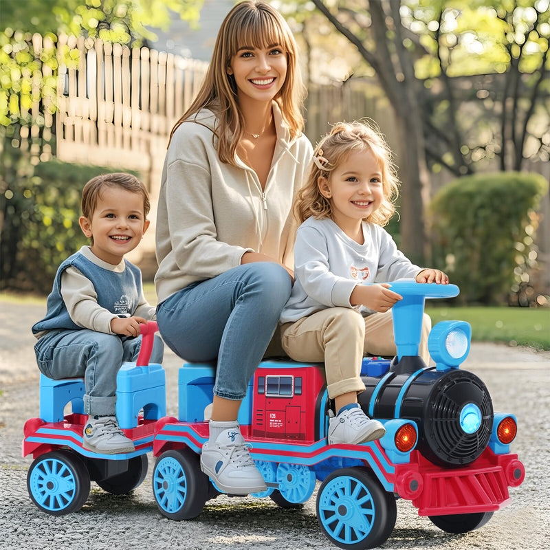 Large 12V Electric 2-Seater Blue Kids Ride-On Train with Carriage and 2 Speeds Magic Cars 2