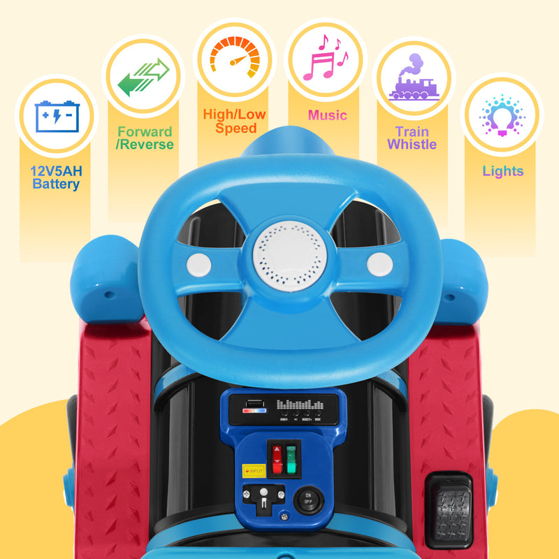 Large 12V Electric 2-Seater Blue Kids Ride-On Train with Carriage and 2 Speeds Magic Cars 6