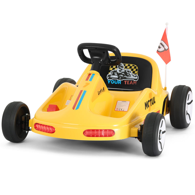 Yellow 12V Battery-Powered Kids Ride-On Go-Kart Car with 3 Speeds, Music, and Remote Control Magic Cars 20