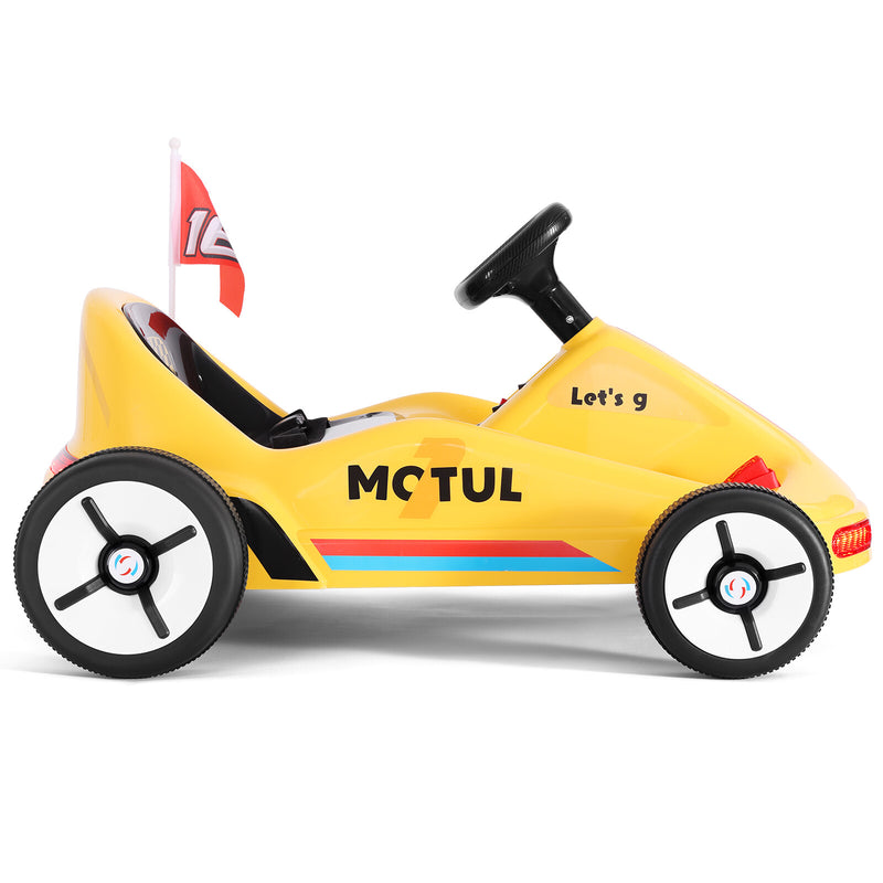 Yellow 12V Battery-Powered Kids Ride-On Go-Kart Car with 3 Speeds, Music, and Remote Control Magic Cars 21