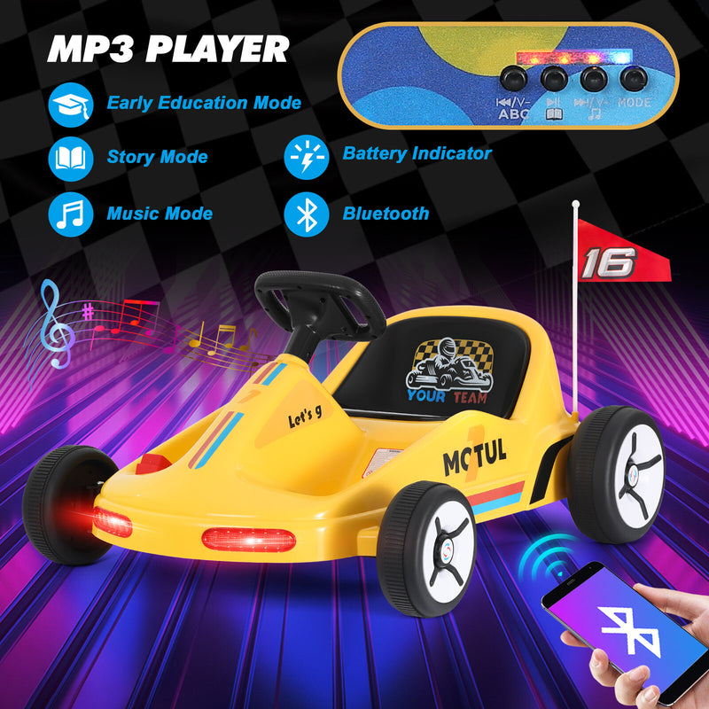 Yellow 12V Battery-Powered Kids Ride-On Go-Kart Car with 3 Speeds, Music, and Remote Control Magic Cars 2