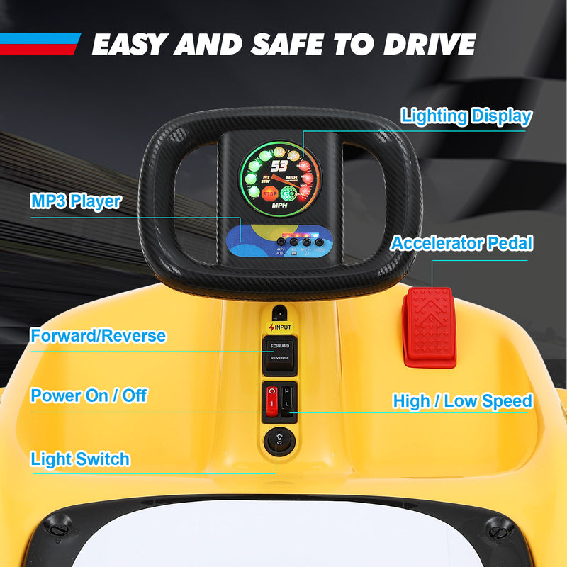 Yellow 12V Battery-Powered Kids Ride-On Go-Kart Car with 3 Speeds, Music, and Remote Control Magic Cars 4