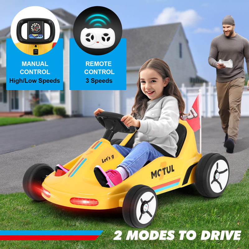 Yellow 12V Battery-Powered Kids Ride-On Go-Kart Car with 3 Speeds, Music, and Remote Control Magic Cars 6