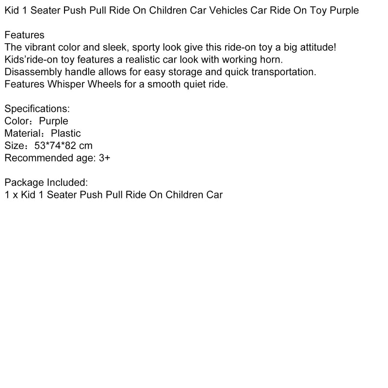 1-Seater Purple Push and Pull Ride-On Car Toy for Children Magic Cars 9