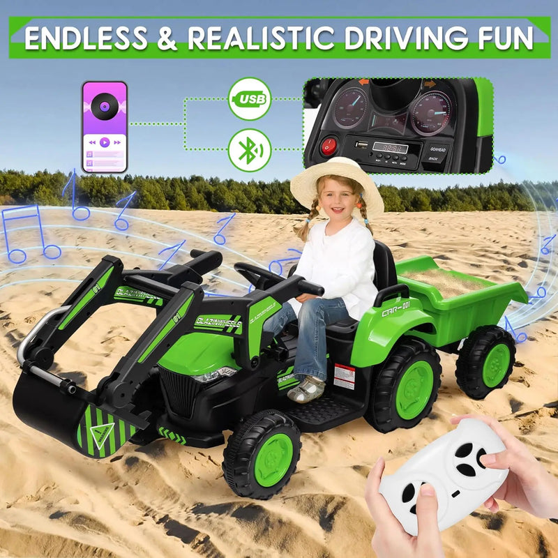 12V Kids Ride-On Excavator and Tractor with Detachable Trailer and Ride-On Car Set Magic Cars 1