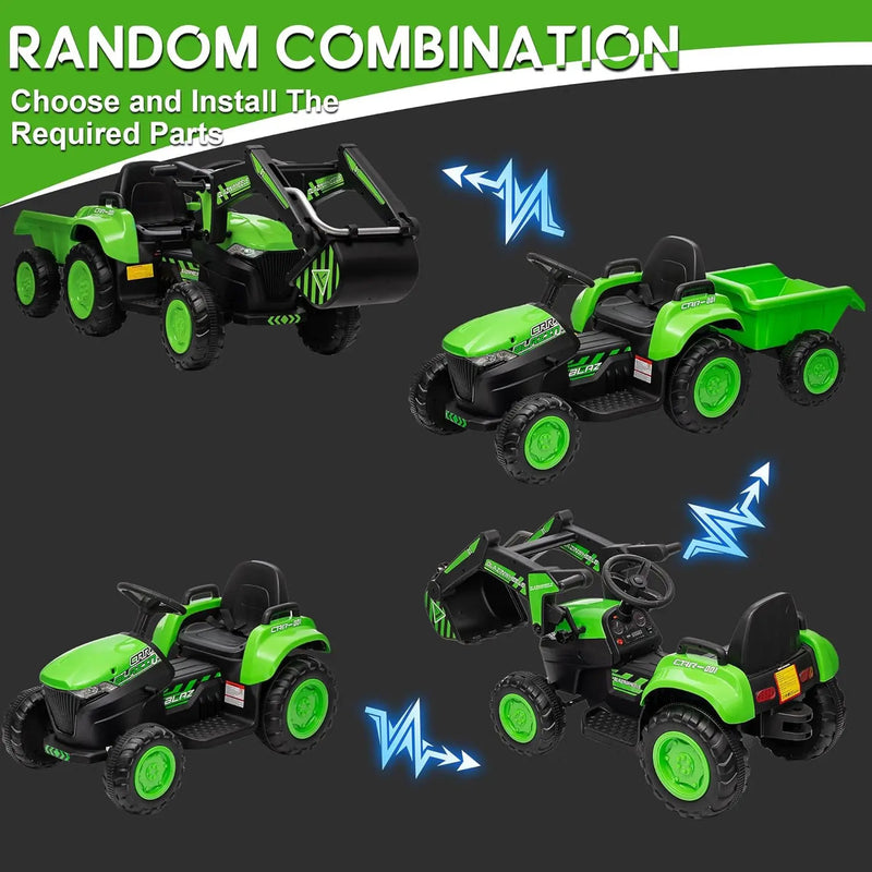 12V Kids Ride-On Excavator and Tractor with Detachable Trailer and Ride-On Car Set Magic Cars 2