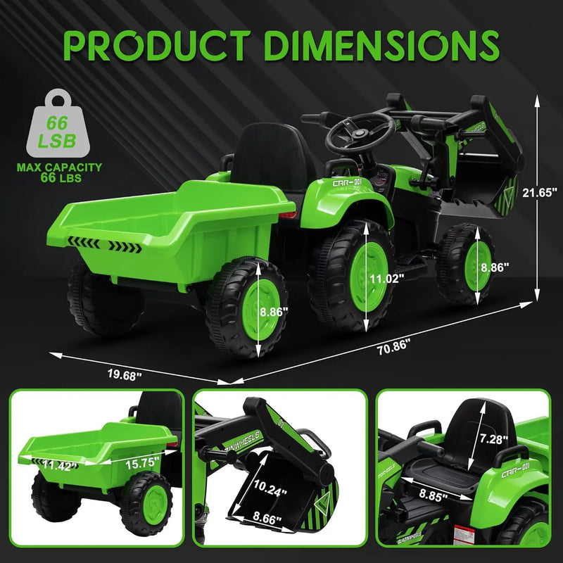 12V Kids Ride-On Excavator and Tractor with Detachable Trailer and Ride-On Car Set Magic Cars 3