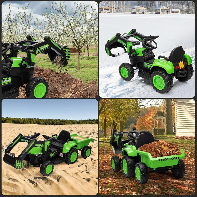 12V Kids Ride-On Excavator and Tractor with Detachable Trailer and Ride-On Car Set Magic Cars 5