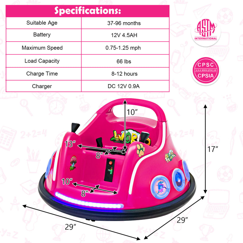 12V Kids Ride-On Bumper Car with Remote Control, Flashing LED Lights and Music, Pink Magic Cars 1