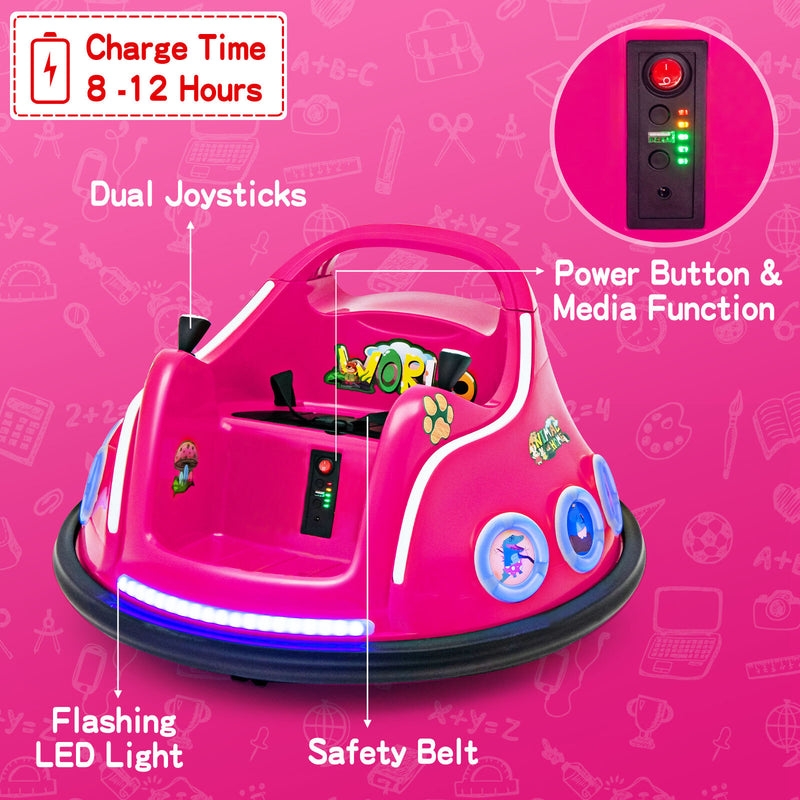12V Kids Ride-On Bumper Car with Remote Control, Flashing LED Lights and Music, Pink Magic Cars 7