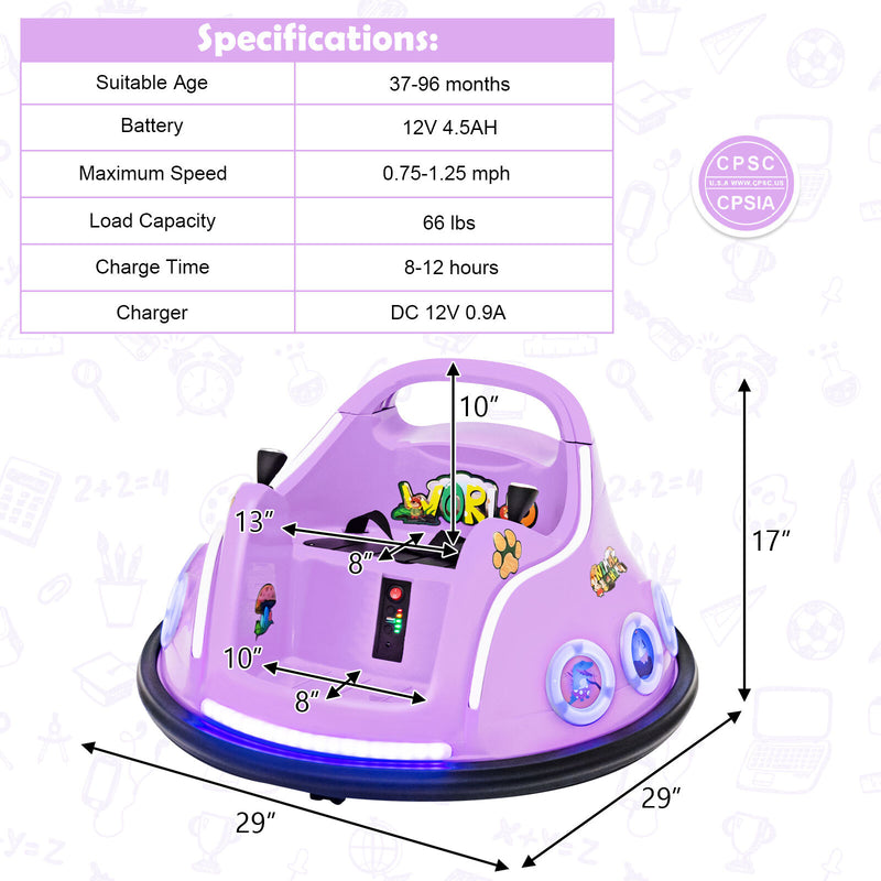 12V Kids Ride-On Bumper Car with Remote Control, Flashing LED Lights, and Music – Purple Magic Cars 1