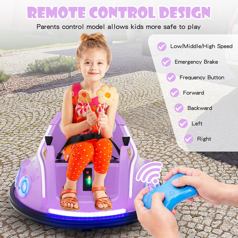12V Kids Ride-On Bumper Car with Remote Control, Flashing LED Lights, and Music – Purple Magic Cars 6