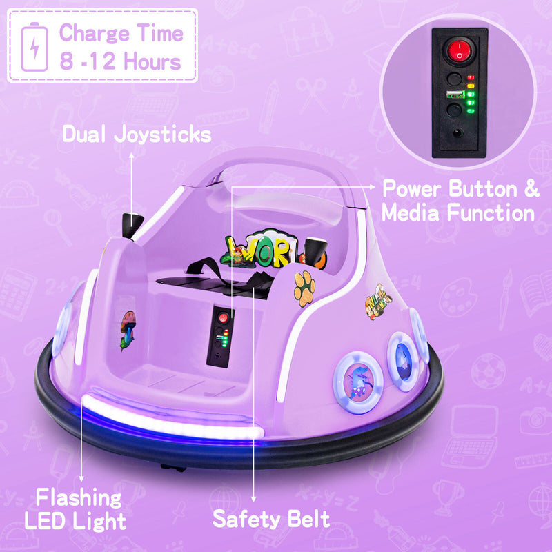 12V Kids Ride-On Bumper Car with Remote Control, Flashing LED Lights, and Music – Purple Magic Cars 7