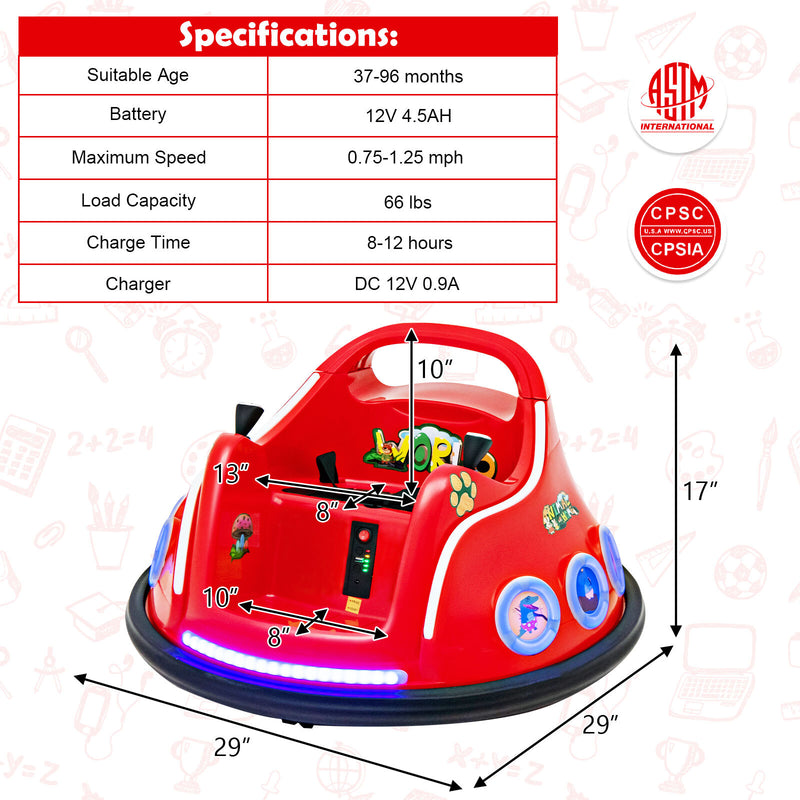 12V Kids Ride-On Bumper Car with Remote Control, Flashing LED Lights, and Music - Red Magic Cars 1